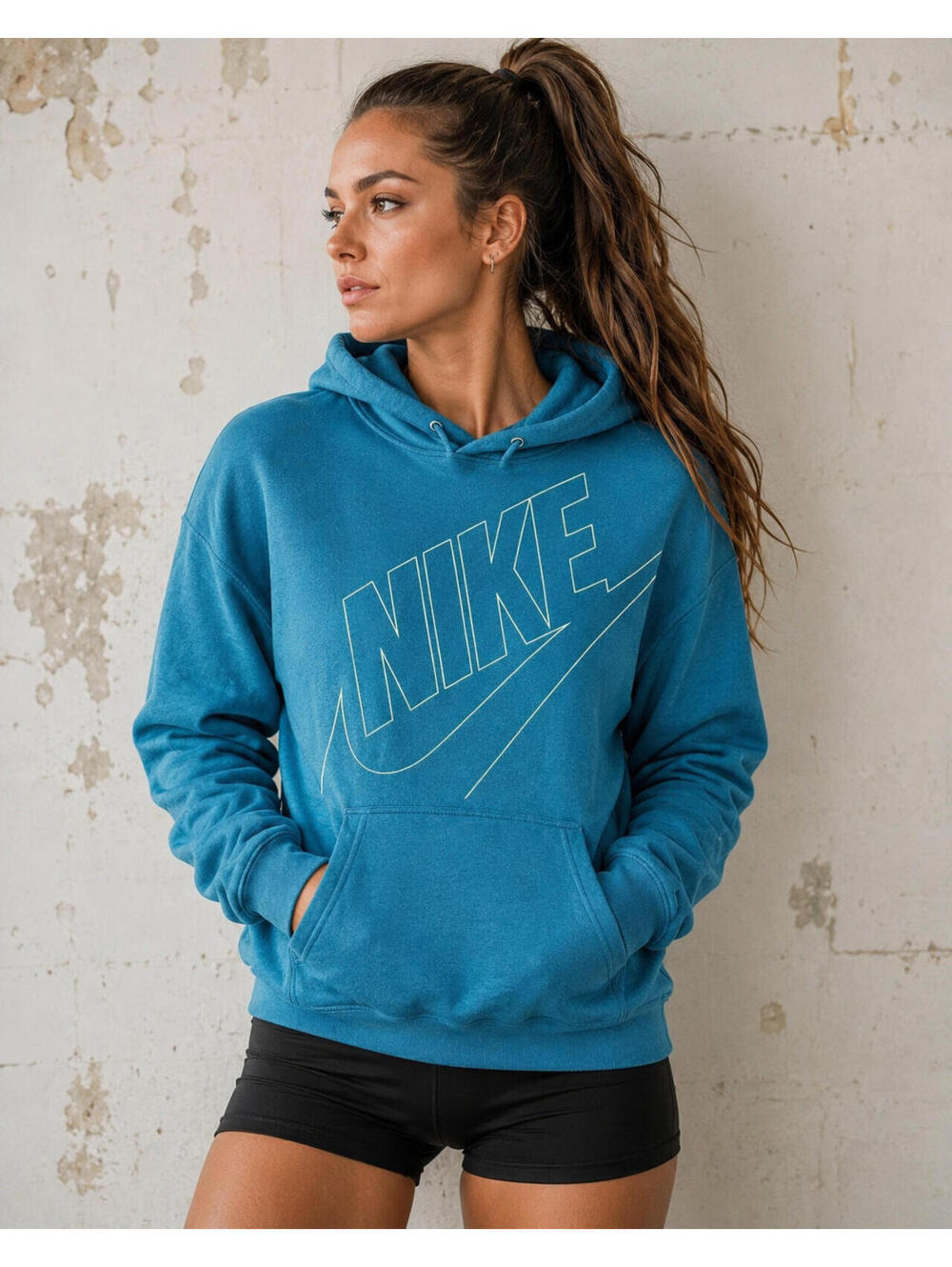 Nike Graphic Hoodie Womens L Cowl Neck Sweater Sweatshirt green Big Logo